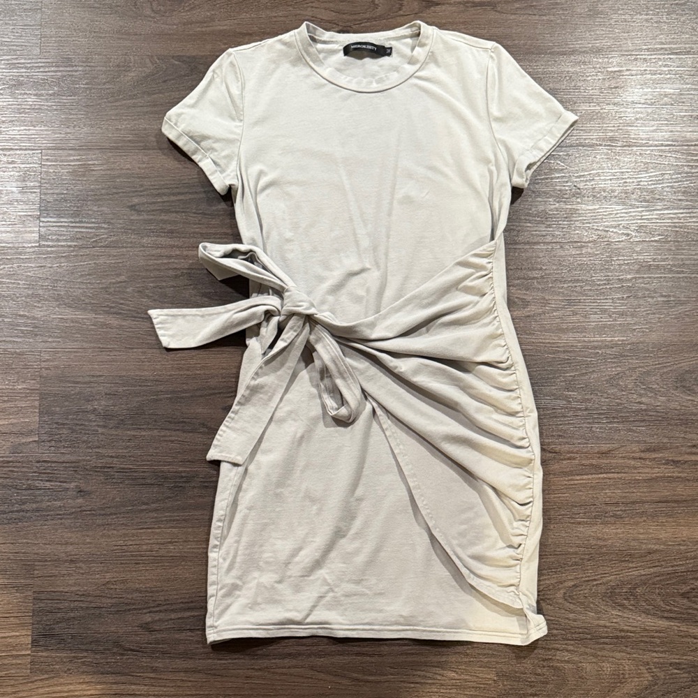 Gray Green Short Sleeve Tie Ruched Mini Dress medium